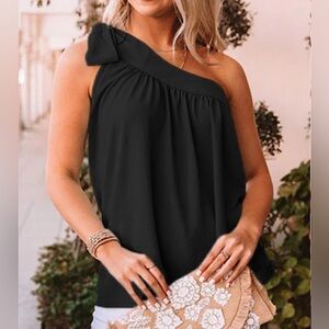 NEW Black Asymmetric One Shoulder Tied with Bow Sash Pleated Blouse L